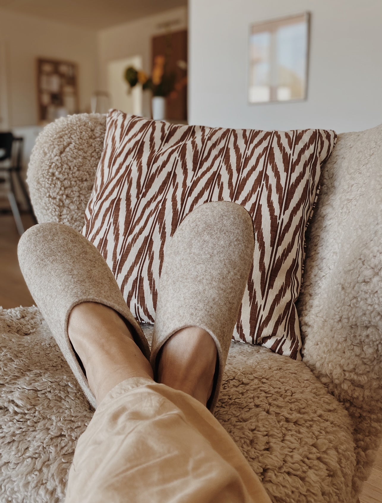 Pantoffels met rubberen zool – Beige