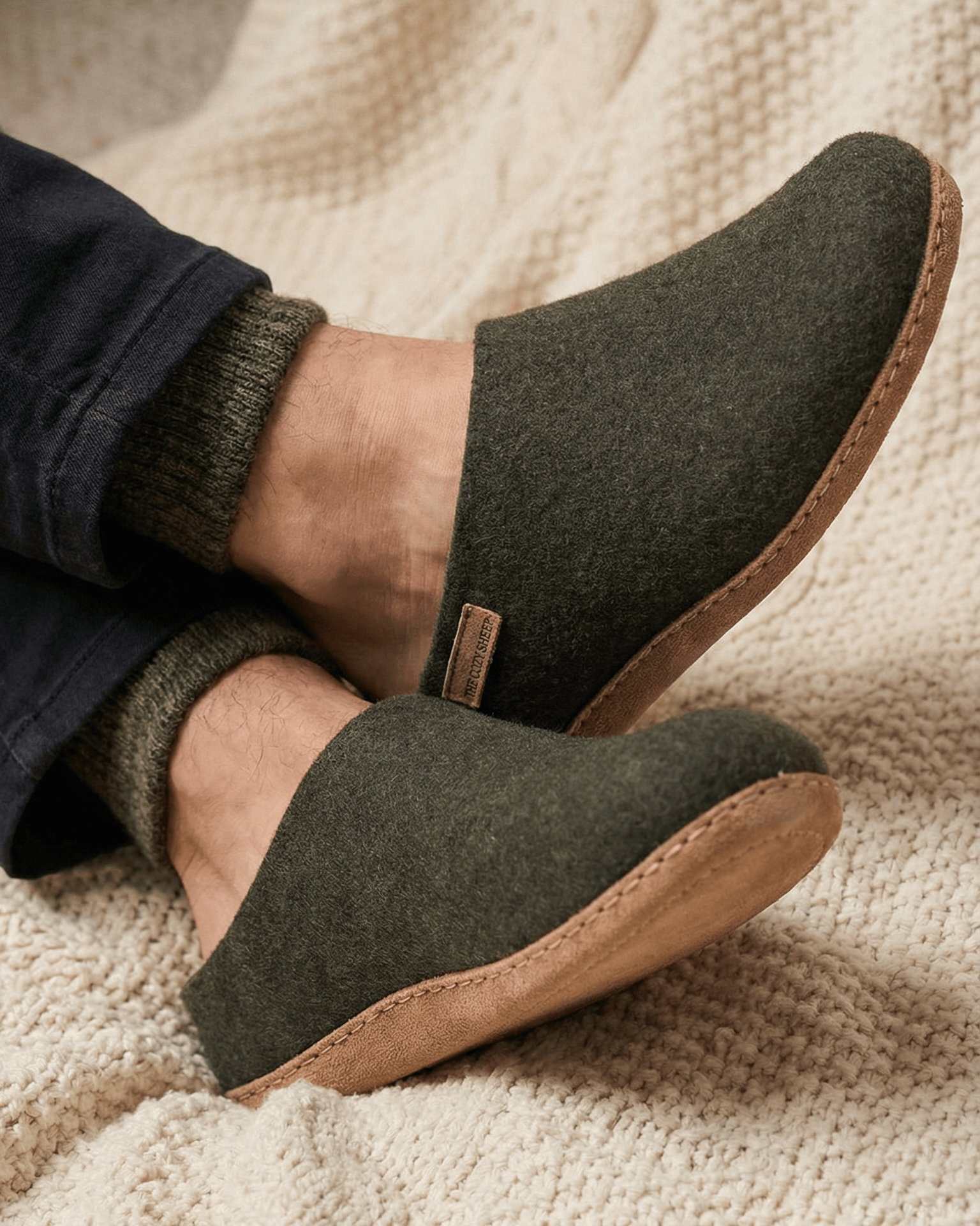 Tøffel med skindsål – Forest Green - The Cozy Sheep